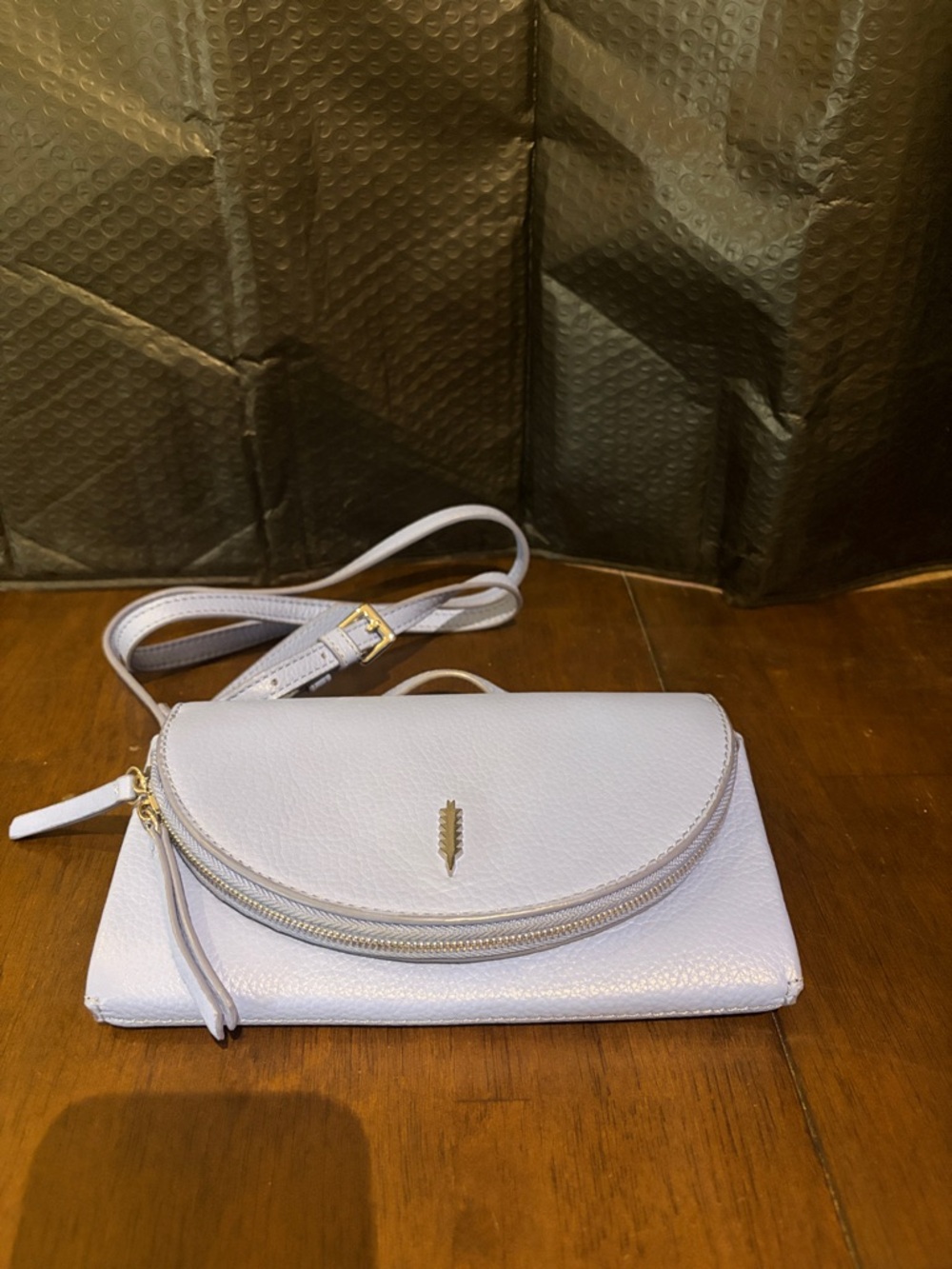 Lilac Leather Crossbody Wallet with Gold Accent